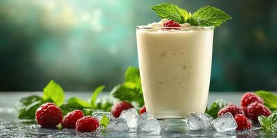 Refreshing raspberry mint smoothie served in a glass on a textured surface with ice cubes and fresh mint leaves in the background photo