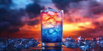 Bright glass with colorful layered drink and ice surrounded by melting ice on reflective surface at sunset photo
