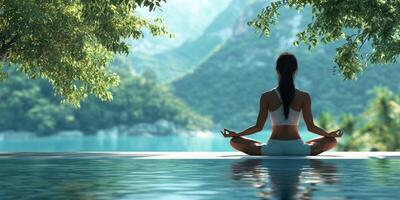 Relaxing yoga practice by a serene lake surrounded by mountains at sunrise photo