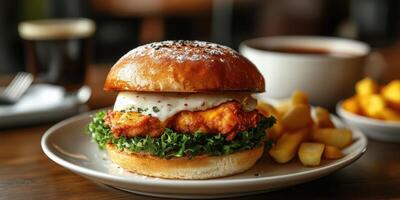 Delicious crispy chicken sandwich served on a fresh bun with lettuce and sauce accompanied by golden fries and coffee photo