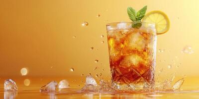 Refreshing iced beverage with lemon and mint splashes on a golden background photo