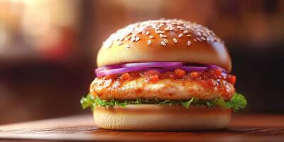 Juicy grilled chicken burger topped with fresh vegetables in a well-lit restaurant setting photo