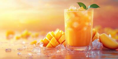 Refreshing mango drink with ice and fruit in a vibrant sunset setting by the beach photo