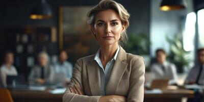 Confident businesswoman leading a corporate meeting in a modern office setting in a professional atmosphere photo