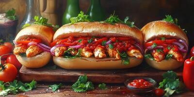 Flavorful sandwiches filled with grilled chicken, fresh vegetables, and salsa on wooden board in cozy kitchen setting photo