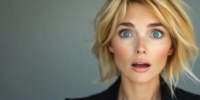 Surprised woman with blonde hair and blue eyes showing an expression of disbelief in a neutral setting photo
