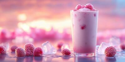 Refreshing raspberry drink served in a glass with ice and fresh berries on a colorful summer background photo