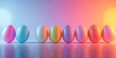 Colorful Easter eggs arranged in a straight line on a reflective surface with a soft gradient background photo