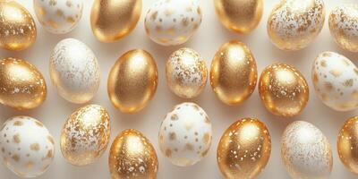Decorative golden and white eggs arranged on a light surface for a festive celebration or holiday event photo