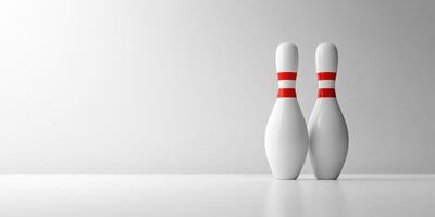 Two white bowling pins with red stripes standing together on a smooth surface in a well-lit environment photo