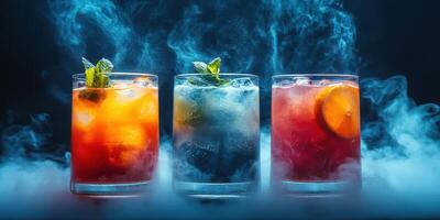 Colorful cocktails with smoky effects in a dark setting showcasing mixology creativity photo