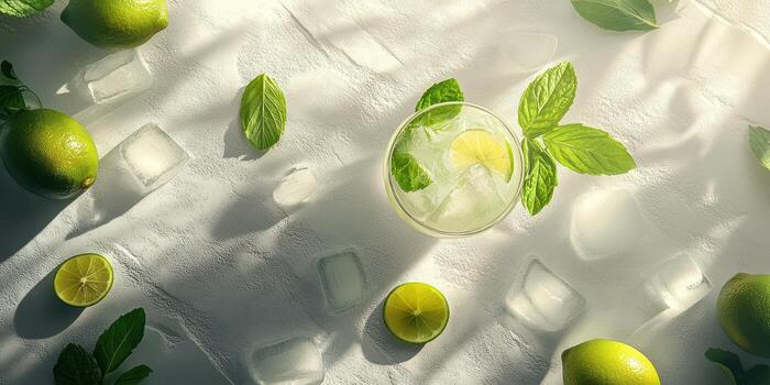 Refreshing citrus drink with mint and limes on a textured surface surrounded by ice cubes photo