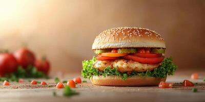 Delicious chicken burger with fresh vegetables and sesame bun on rustic wooden table photo