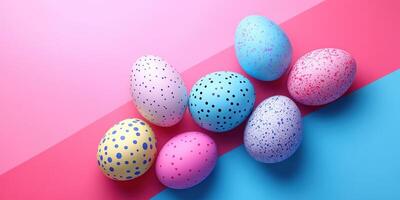 Colorful decorated eggs arranged on pastel backgrounds for a festive spring celebration photo