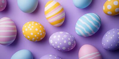 Colorful Easter eggs arranged on a purple background showcase festive designs and patterns for spring celebration photo