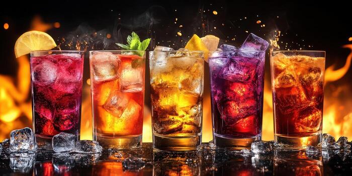 Colorful cocktails with ice and garnishes displayed against a fiery background photo
