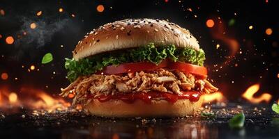 Juicy shredded chicken sandwich with fresh vegetables against a fiery backdrop in a food styling setup photo