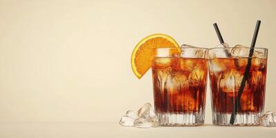 Refreshing iced drinks with orange garnish served on a light background photo