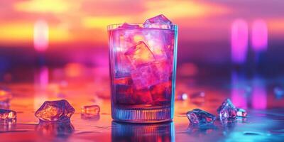 Colorful cocktail with ice on a reflective surface during sunset glow photo