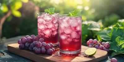 Refreshing grape drinks with ice and mint served in a natural outdoor setting during golden hour photo