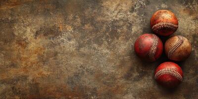 Four vintage baseballs arranged on a textured background showcasing their weathered appearance and stitching details photo