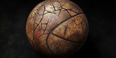 Old and cracked basketball resting against a dark background highlighting its weathered texture and worn surface photo