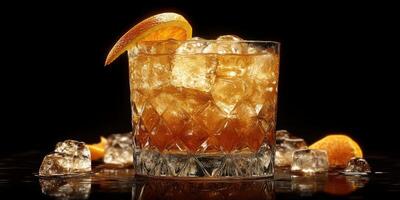 Enjoying a refreshing cocktail with ice and orange slice on a dark background photo