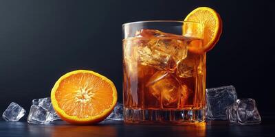 Refreshing citrus cocktail garnished with orange slices and surrounded by ice cubes in a dark setting photo
