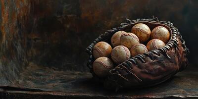 Collection of weathered baseballs in a worn glove resting on a rustic surface photo