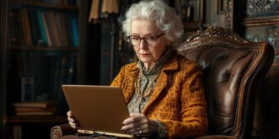 Elderly woman using laptop in cozy library setting during late afternoon photo