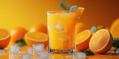 Refreshing citrus drink with garnishes surrounded by fresh oranges and ice cubes in bright setting photo