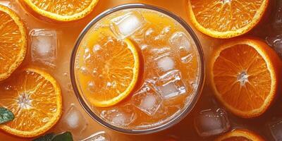 Refreshing citrus beverage full of ice and orange slices on a bright summer day photo