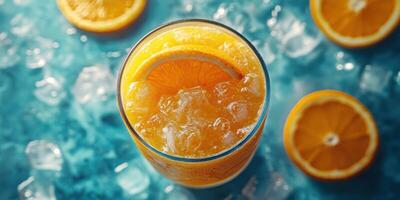 Refreshing citrus drink with ice and orange slices on a vibrant blue background for a summer feel photo
