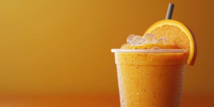 Refreshing orange smoothie in transparent cup with ice and fruit garnish against bright orange backdrop photo