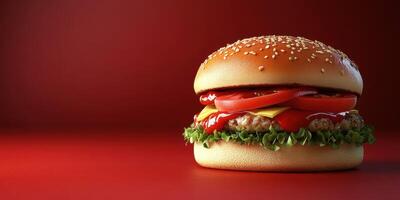 Delicious hamburger with sesame seed bun and fresh toppings on a red background photo
