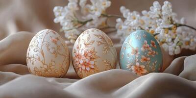 Decorative Easter eggs arranged elegantly on soft fabric with floral accents in a serene setting during springtime photo