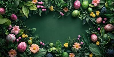 vistoso Pascua de Resurrección decoraciones con flores y huevos arreglado en un verde antecedentes foto