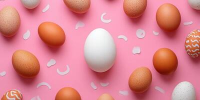 Colorful collection of eggs on pink surface showcasing various patterns and textures for springtime celebration photo