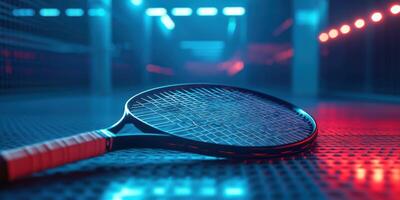 Tennis racket resting on court surface illuminated by stylish blue and red lights during a late night practice session photo