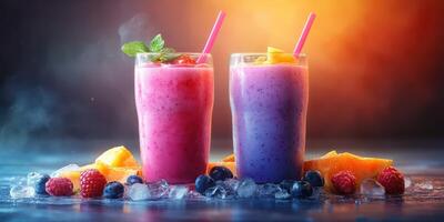 Colorful fruit smoothies served in tall glasses with fresh berries and tropical fruits on a vibrant textured surface photo