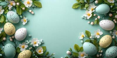 vistoso Pascua de Resurrección huevos rodeado por primavera flores en un turquesa antecedentes crear un festivo atmósfera para celebracion foto