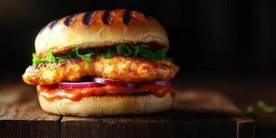Juicy grilled chicken sandwich with fresh lettuce and onions served on a toasted bun with a rich sauce photo