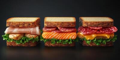 Delicious layered sandwiches with various meats and cheeses on rustic bread against a dark background photo
