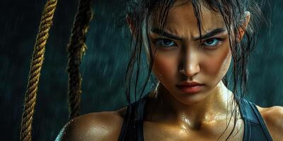 Intense workout moment under dramatic lighting with ropes and water droplets in a gym setting photo