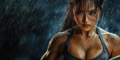Determination shines through as a woman trains intensely in the rain at dusk, showcasing strength and resilience in her workout photo