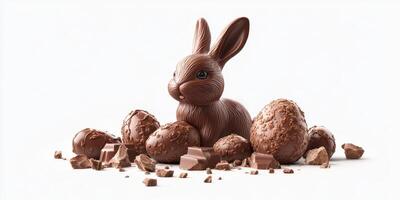 Chocolate bunny surrounded by assorted eggs on a clean white background photo