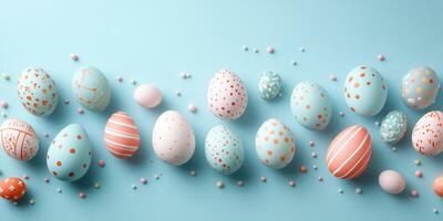 Colorful decorative eggs arranged on a light blue surface for spring celebration photo