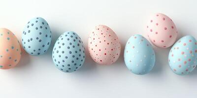 Colorful polka dot Easter eggs arranged in a neat row on a bright background for festive decoration photo