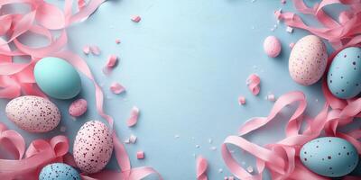 Colorful decorated eggs and pastel ribbons create a festive atmosphere for Easter celebrations photo