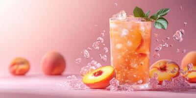 Refreshing peach drink with ice and fresh peaches on a pastel pink background during summer photo